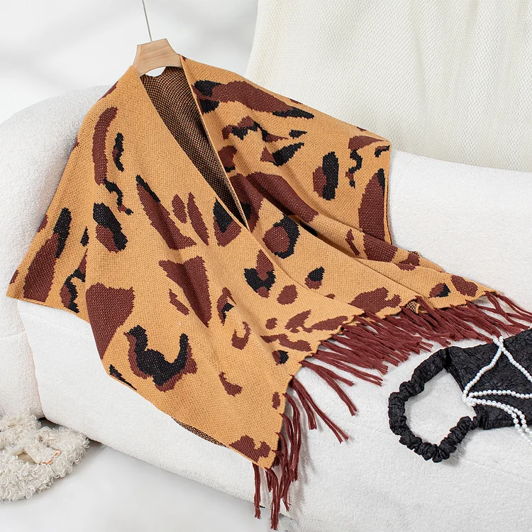 Women's Leopard Print Shawl Poncho Cowgirl Western Style Tassel Poncho