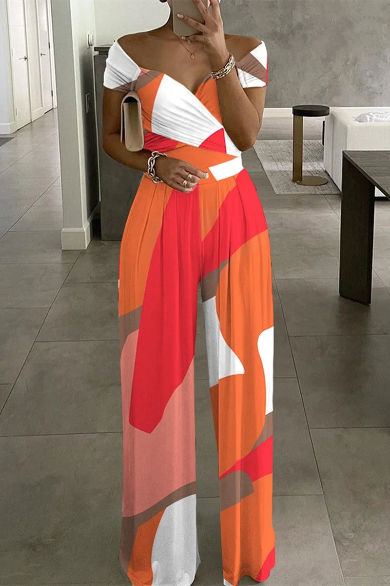 Fashion Casual Print Patchwork V Neck Regular Jumpsuits