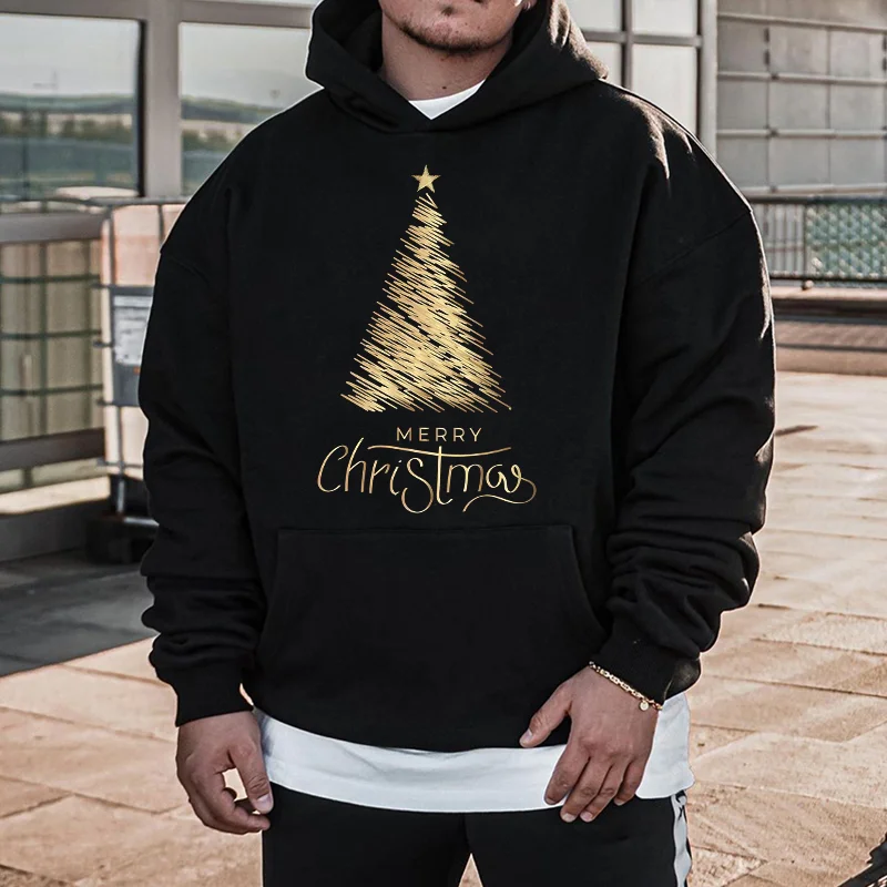 Christmas Tree Printed Kangaroo Pocket Men’s Hoodie