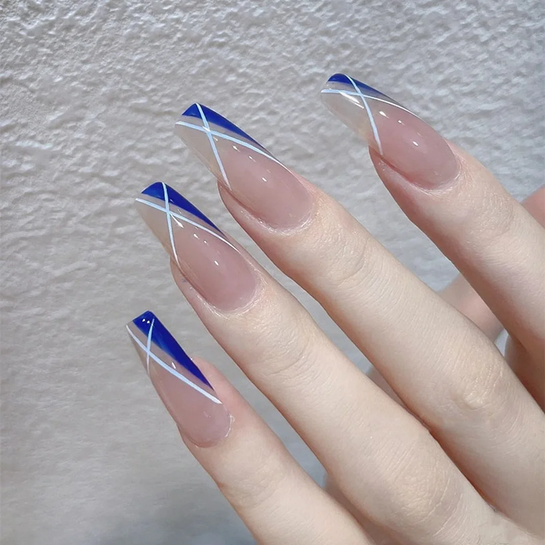 24pcs Artificial nails Blue Striped Rhinestone False Nails Full Cover Nail Tips Press On Nails French Ballerina Fake Nails-Nail Inspo