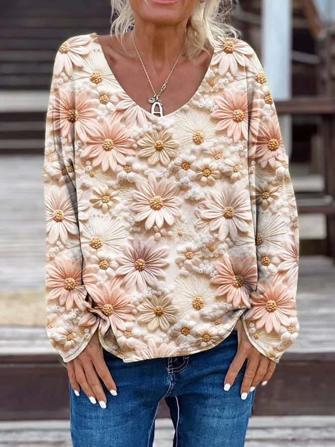 Women's Long Sleeve V-neck Graphic Printed Tops