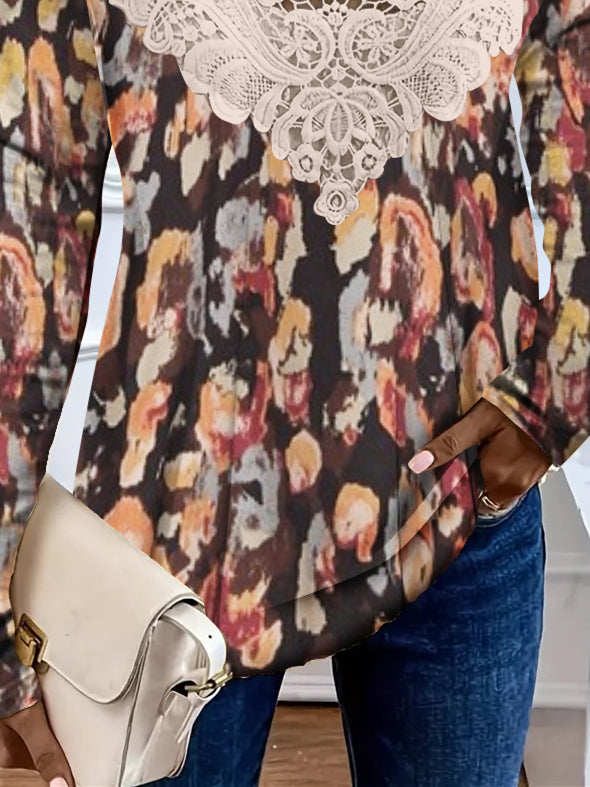 Women's Long Sleeve Scoop Neck Graphic Printed Lace Stitching Top