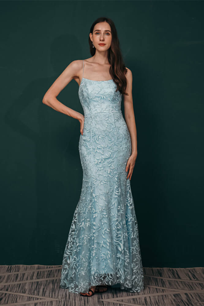 Bellasprom Dusty Blue Spaghetti-Straps Mermaid Prom Dress String Back With Appliques Bellasprom