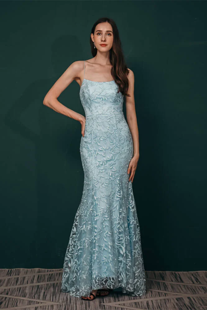 Luluslly Dusty Blue Spaghetti-Straps Mermaid Evening Dress String Back With Appliques