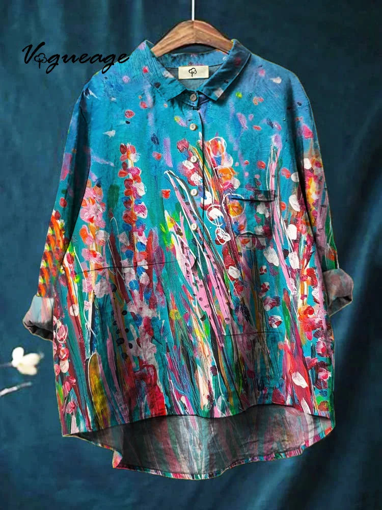 Bright Gentle And Intellectual Plants Printed Cotton And Linen Shirt