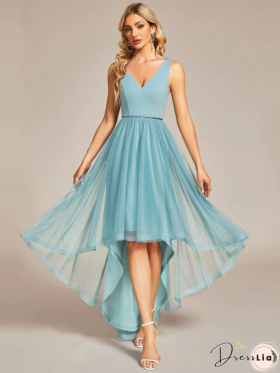 Pretty High Low V Neck Tulle Wholesale Prom Dresses