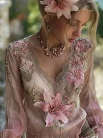 Boho Pink Lily Floral Lace V Neck Linen Tunic