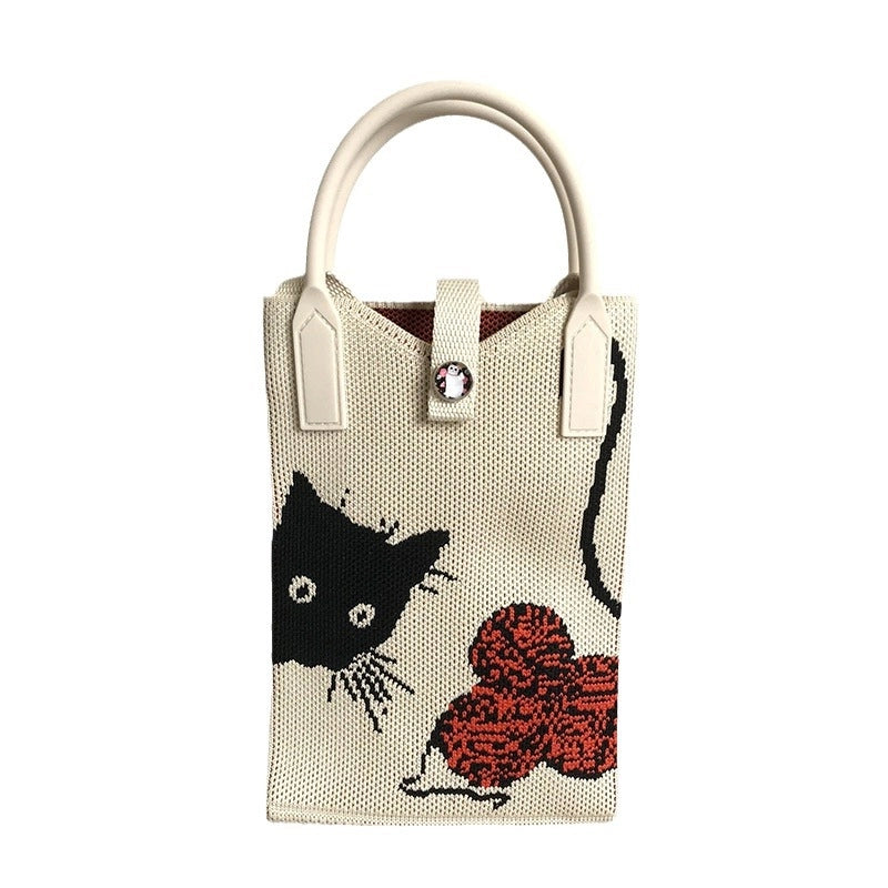 Niche Design Cute Cat Mini Knitted Phone Bag Women’s Portable Knitted Shoulder Crossbody Bag Small Square Bag