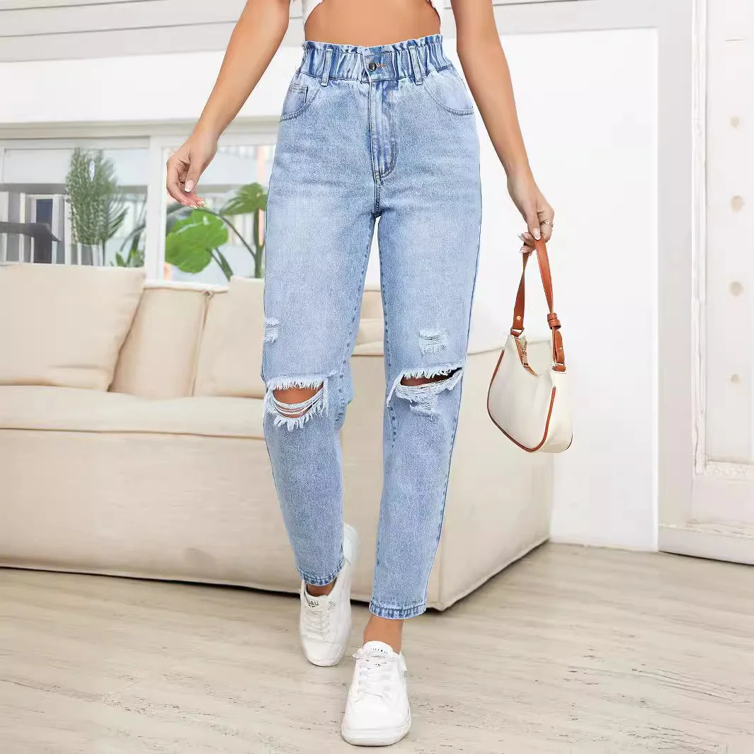 Women's Skinny Ripped Straight Denim Jeans Elastic Waist Jeans