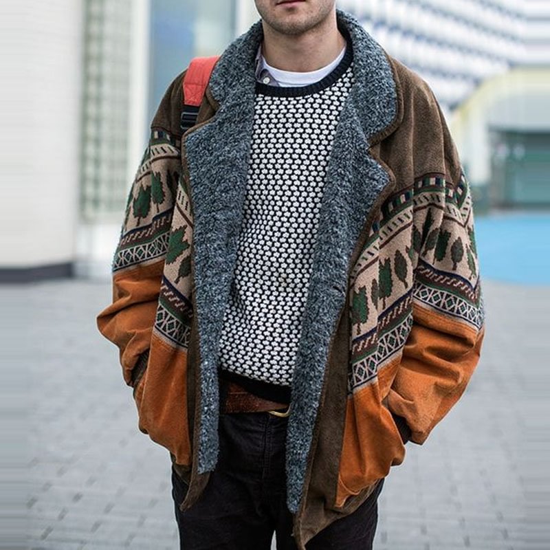 Mens Vintage Printed Fleece Jacket Coat