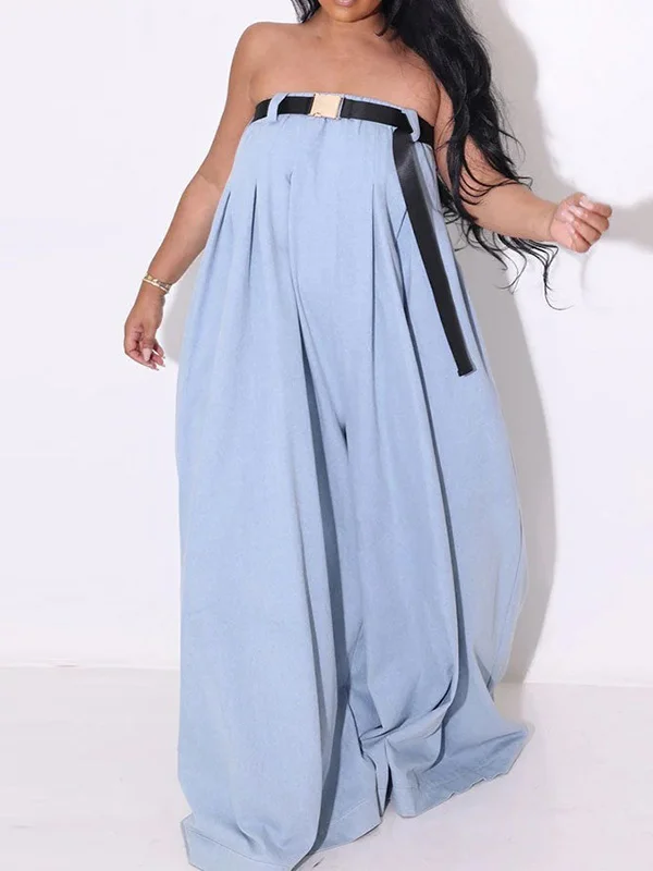 Belted Pleated Pockets Solid Color Loose Sleeveless Tube Jumpsuits