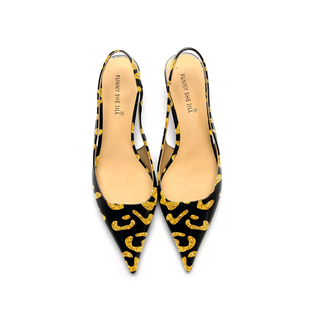Black & White Heart Pattern Patent Leather Pointed Toe Elegant Kitten Heel Slingback Dress Pump Shoes