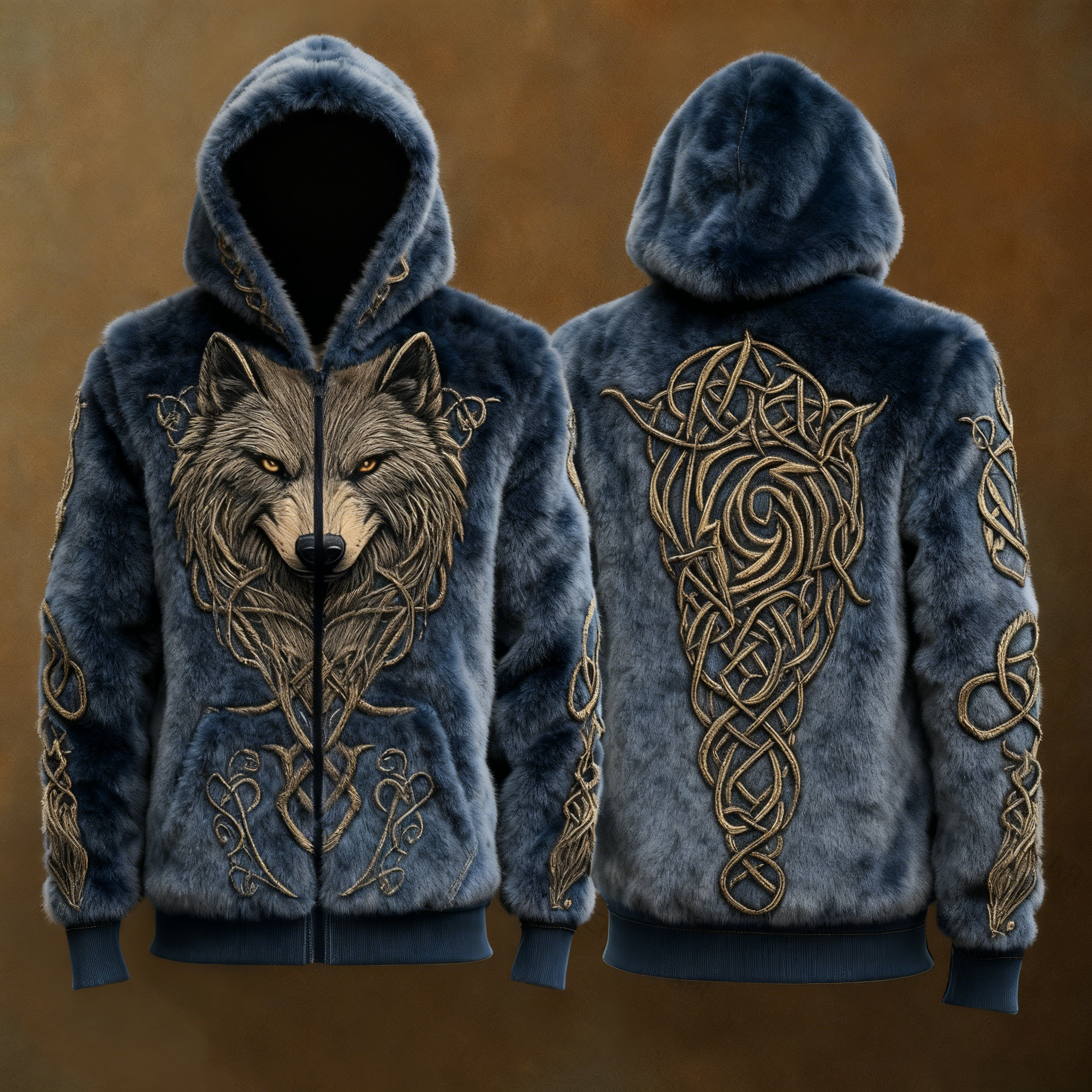 Men's Viking Wolf Celtic Flannel Cozy Warm Zipped Hooded Jacket elevenforest