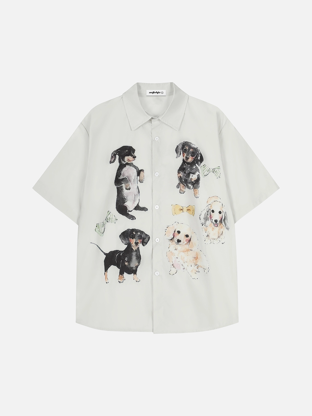 Beige Act Chic Puppy Print Short Sleeve Shirt Front