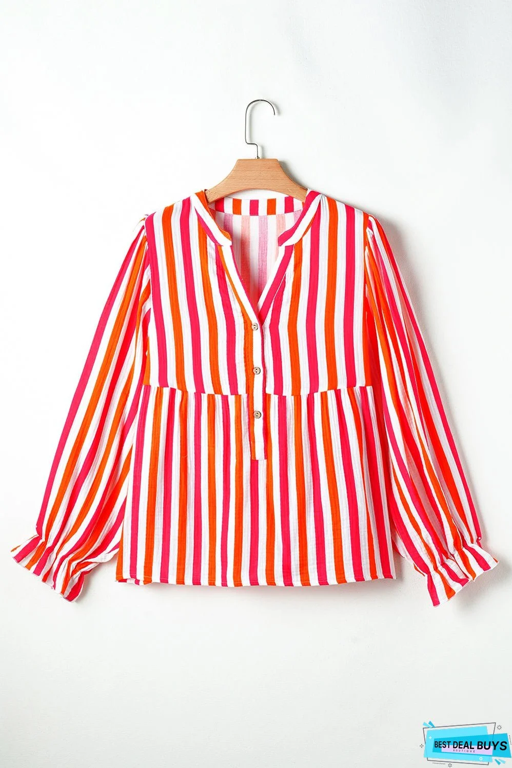 Orange Stripe Balloon Sleeve Notched V Neck Buttoned Front Blouse