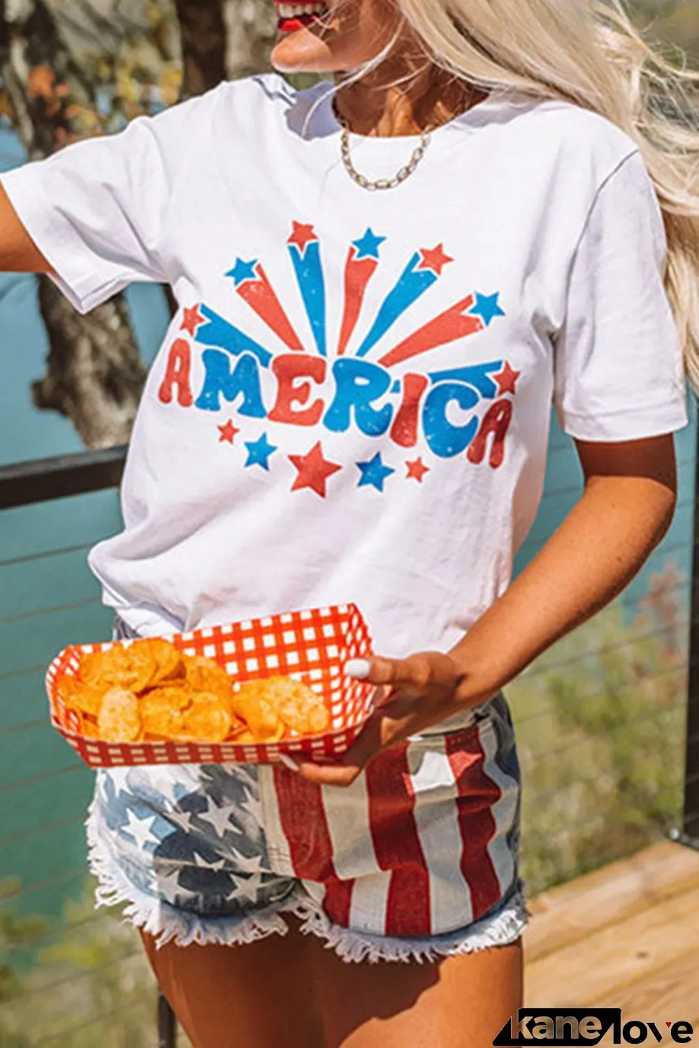 White AMERICA Stars Graphic Print Short Sleeve T Shirt