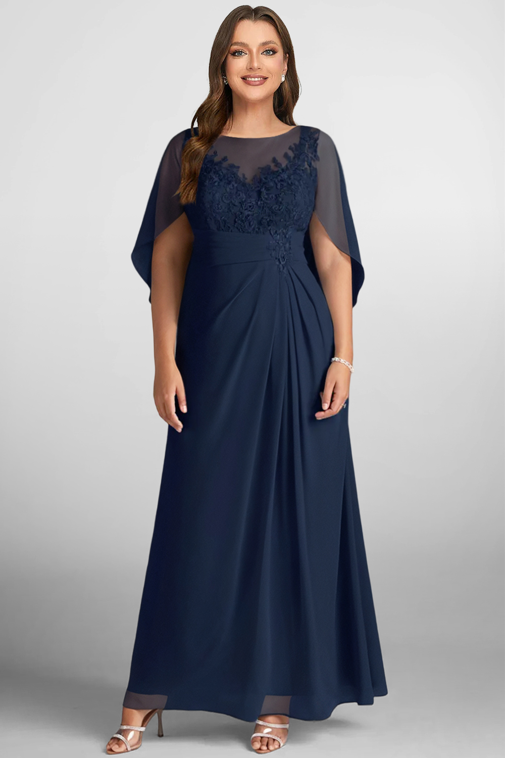 Flycurvy Plus Size Mother Of The Bride Navy Blue Chiffon Lace Cape Sleeve Empire Waist Maxi Dress