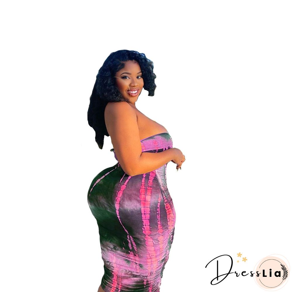 Summer Tie Dye Plus Size Fashion Clubwear Strapless Crop Top Maxi Skirts Women Sexy Two Piece Set