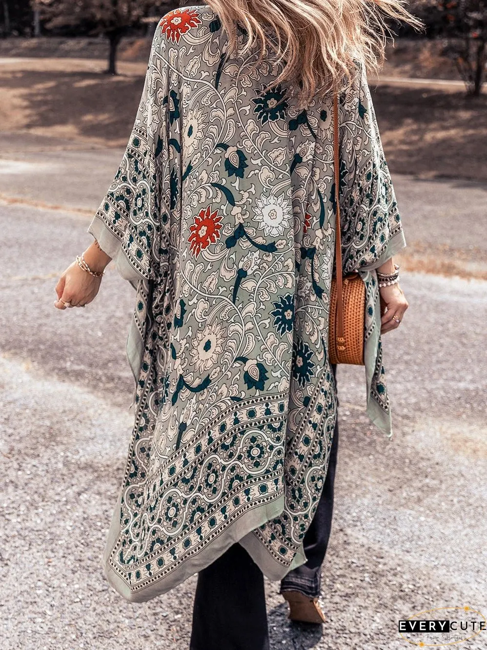Vintage Green Floral Print Long Kimono with Split Front