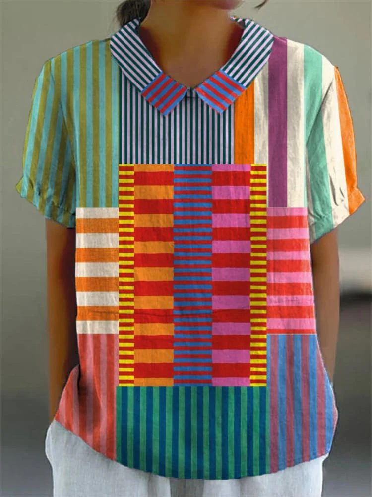 Womens  Artistic Line Art Pattern Casual Cotton And Linen Top