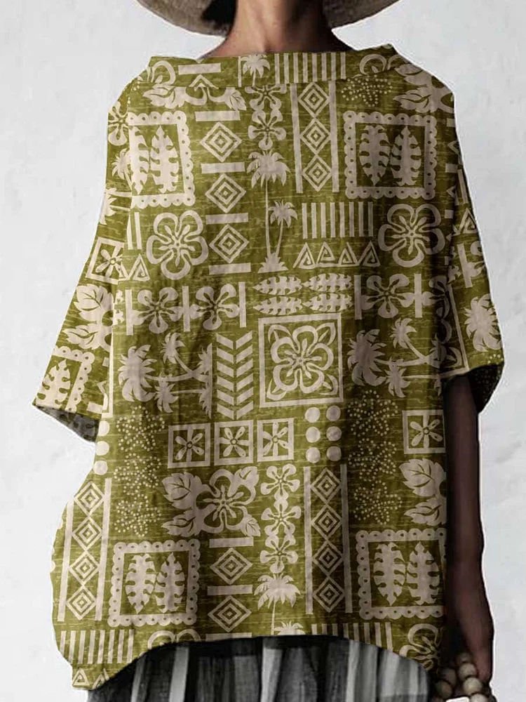 Women's Retro Elegant Simple Floral Pattern Cotton and Linen Top