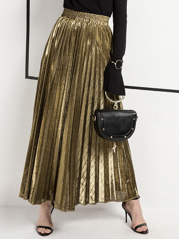 Pleated Solid Color High Color Casual Long Skirt