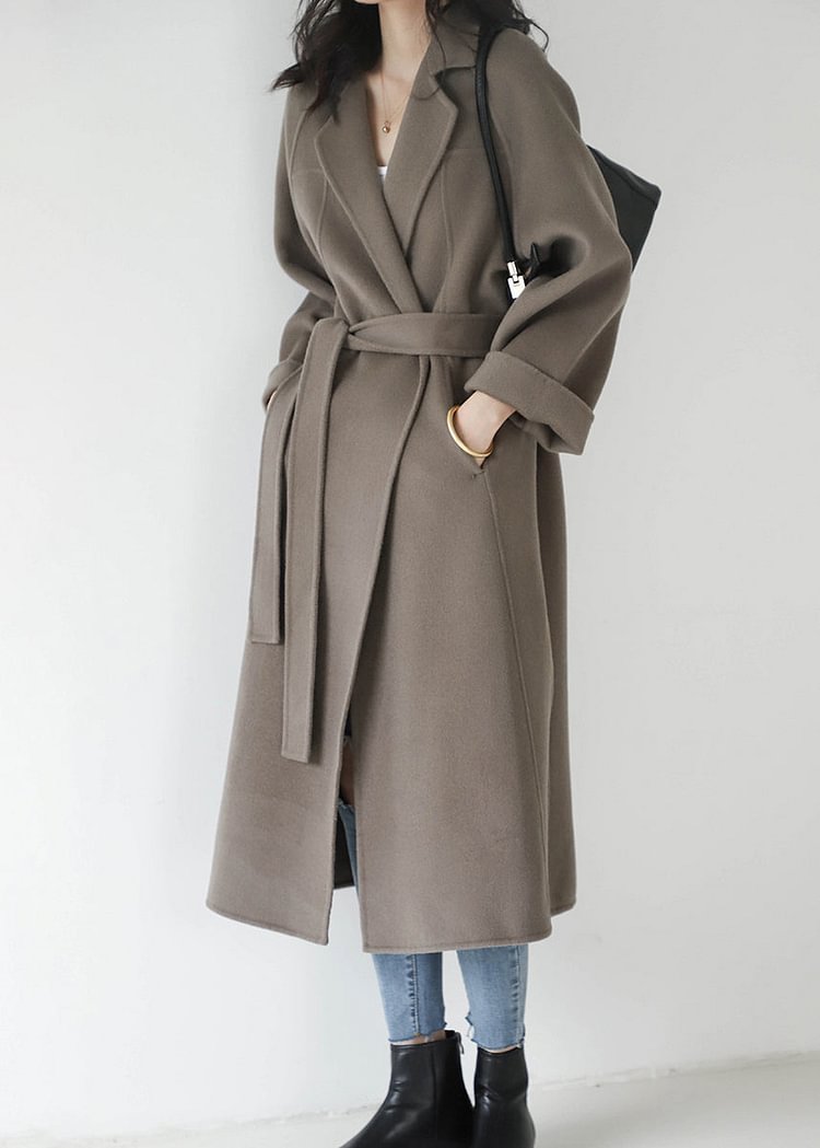 Casual Grey Coffee Colour Notched Solid Woolen Long Coats Fall
