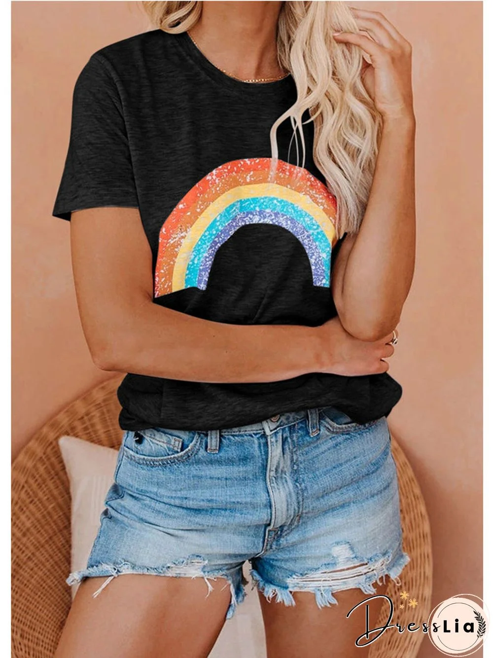 Rainbow Pattern Round Neck Short Sleeve T-Shirt