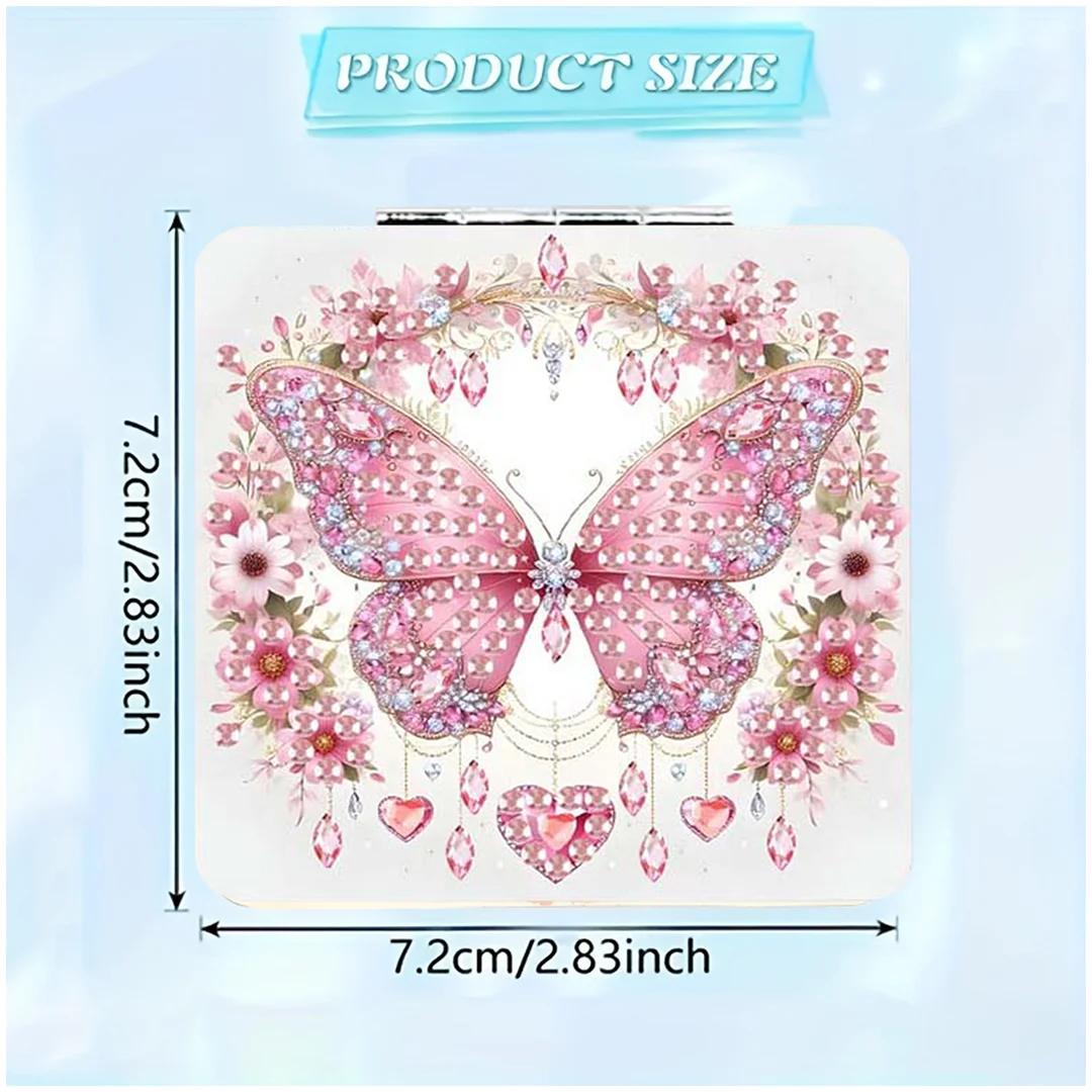Pink Butterfly DIY Special Shaped Diamond Painting Compact Mirror Kits Diamond Art Painting Pocket Mirror for Beginners Adults Art Craft Woman Gifts