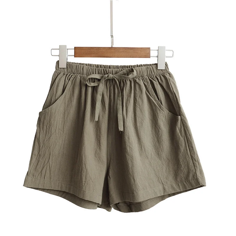 Women's Elastic Waist Pocket Linen Casual Short Pants