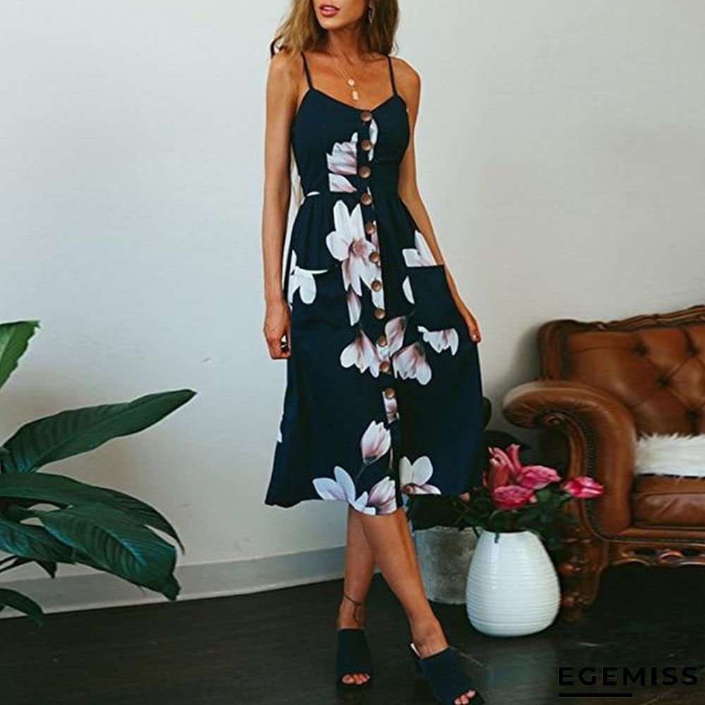 Casual Vintage Sundress Boho Sexy Midi Button Backless Striped Floral Beach Dress Black Dresses | EGEMISS