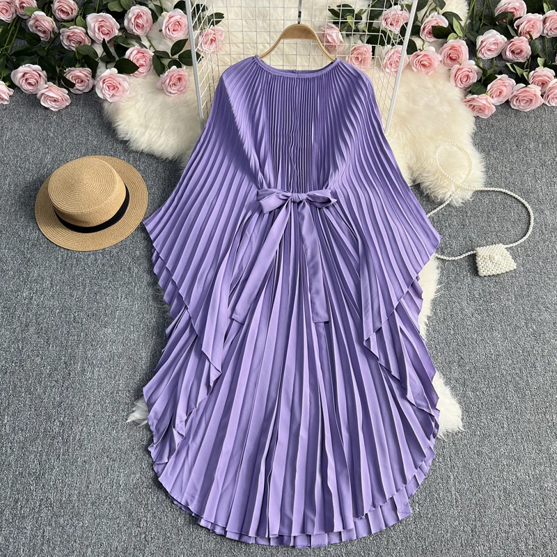 Zingj Zingj Light Luxury Temperament Three House Pleated Bat Sleeve Round Collar Loose A-Word Pleated Dress Elegant Long Skirt