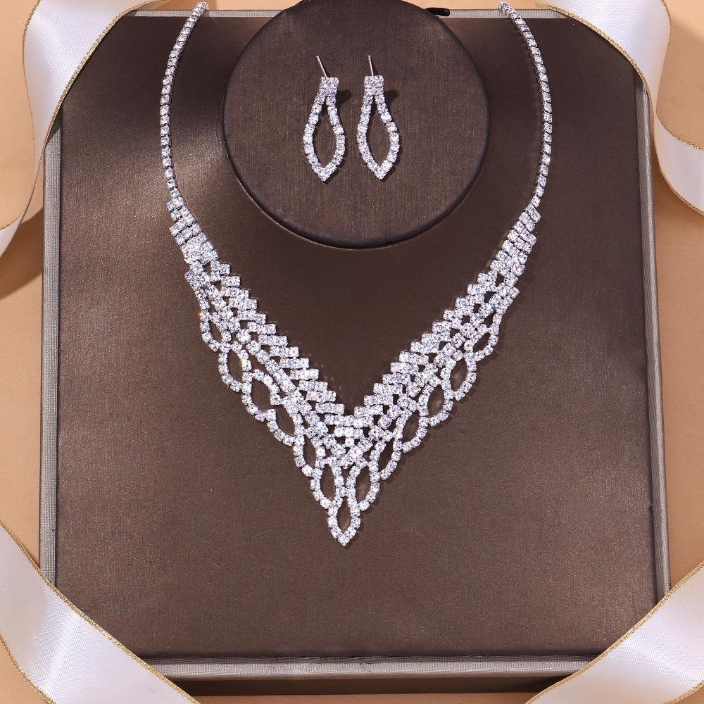 Hollow Rhinestone Earrings and Necklace Set-VESSFUL