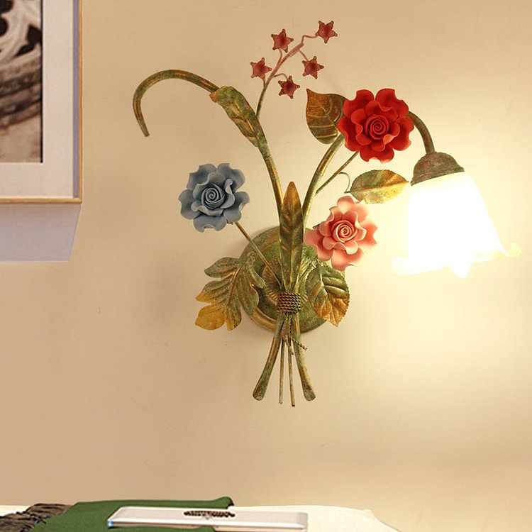 Cream Glass Green Wall Light Flower 1/2-Bulb Korean Garden Wall Lamp Sconce with Curving Arm