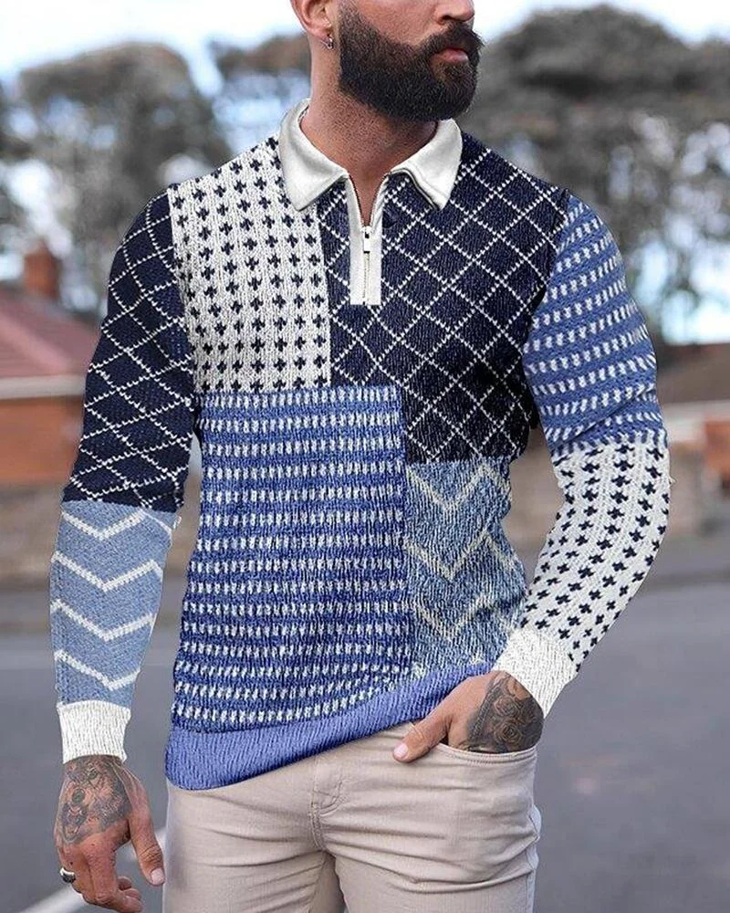 men's casual stitching printed polo long sleeves