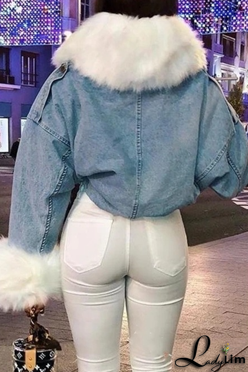 Denim Faux Fur Collar Drawstring Cotton Coat