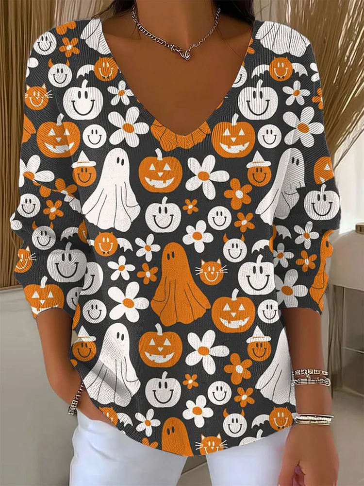 Women's Vintage  Ghost   Art Print Casual Pullover Sweater