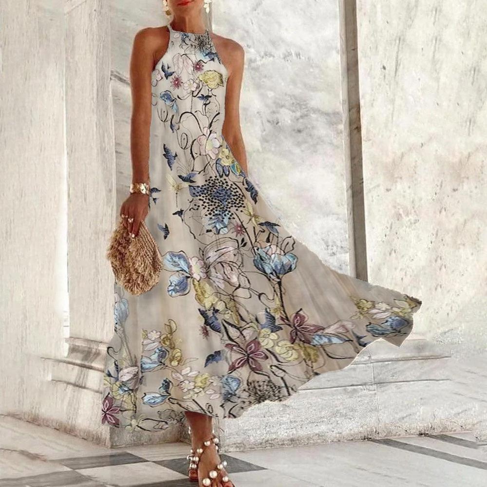 Mature Women Summer Sleeveless Blue And White Porcelain Color Dress