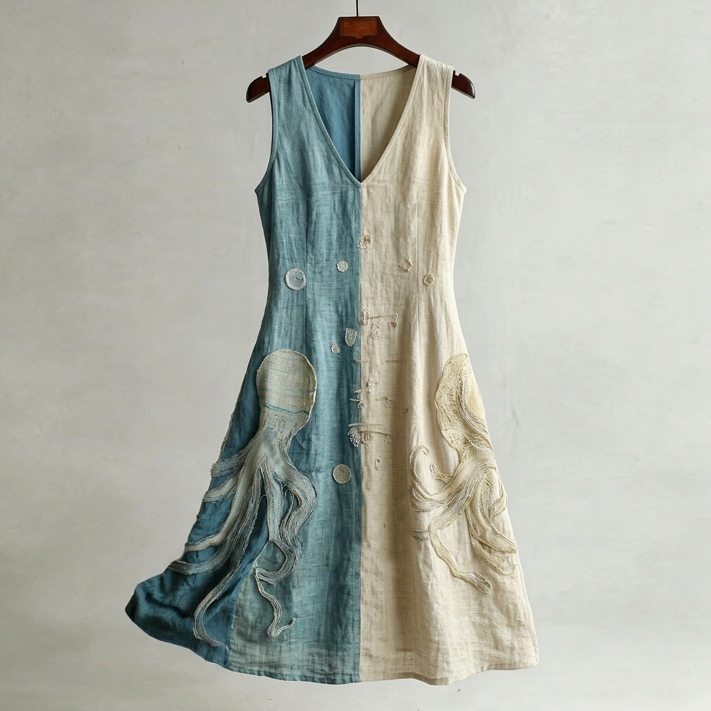 Women's Vintage Octopus Art Print Linen-blend Dress wearshes