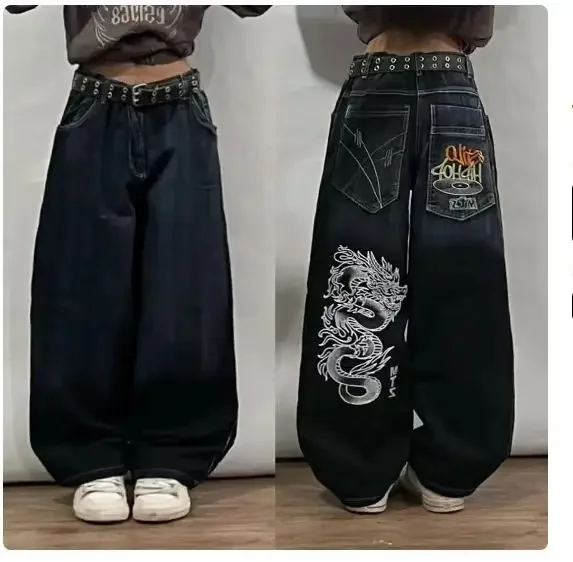 Bkdfamily picture day outfit highschool 2024 New American Harajuku Retro Straight High Waist Y2K Street Style Women Washed Blue Pockets Baggy Jeans Gothic Wide Pants