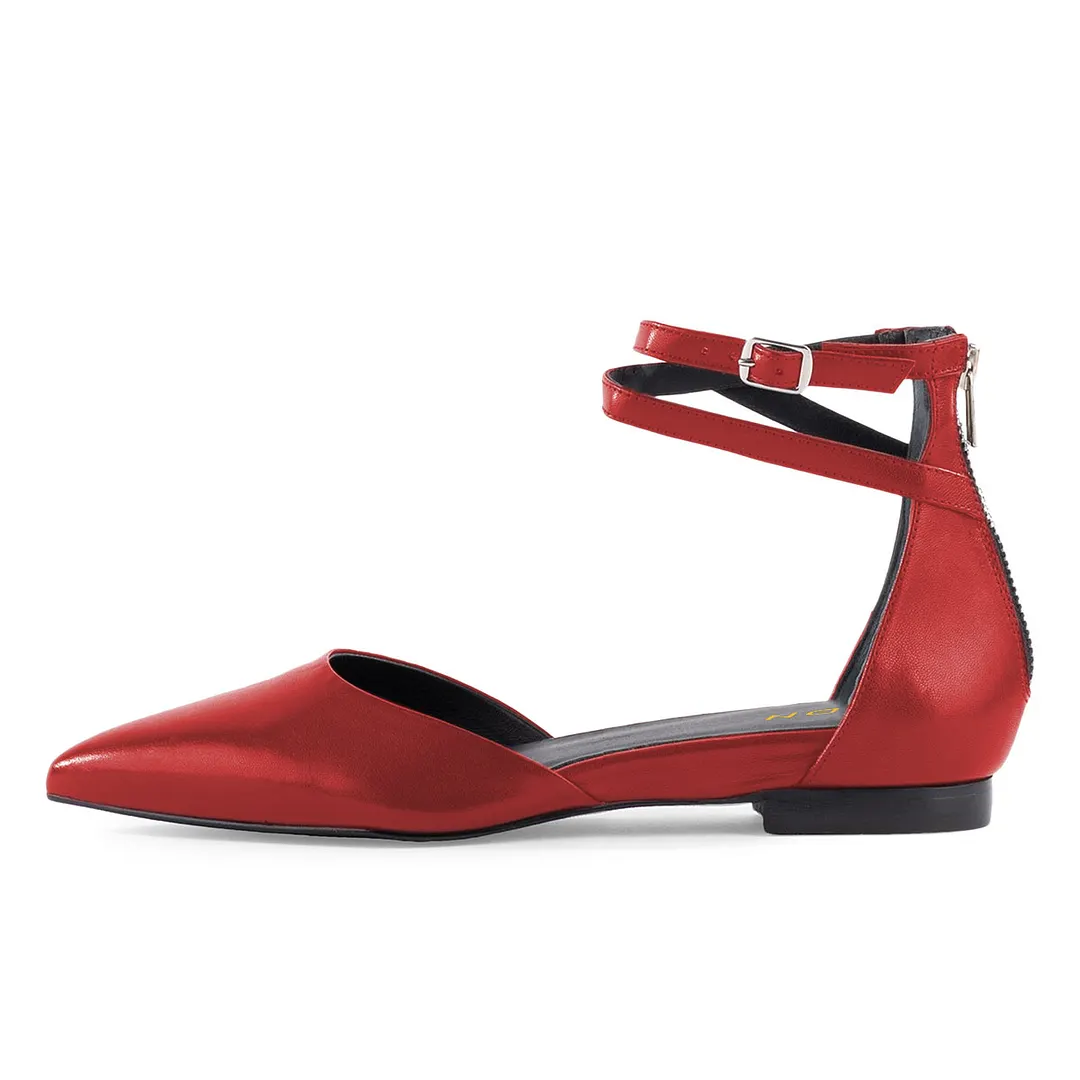 Simple Red Vegan Leather Ankle Strap D'orsay Pointed Toe Flats