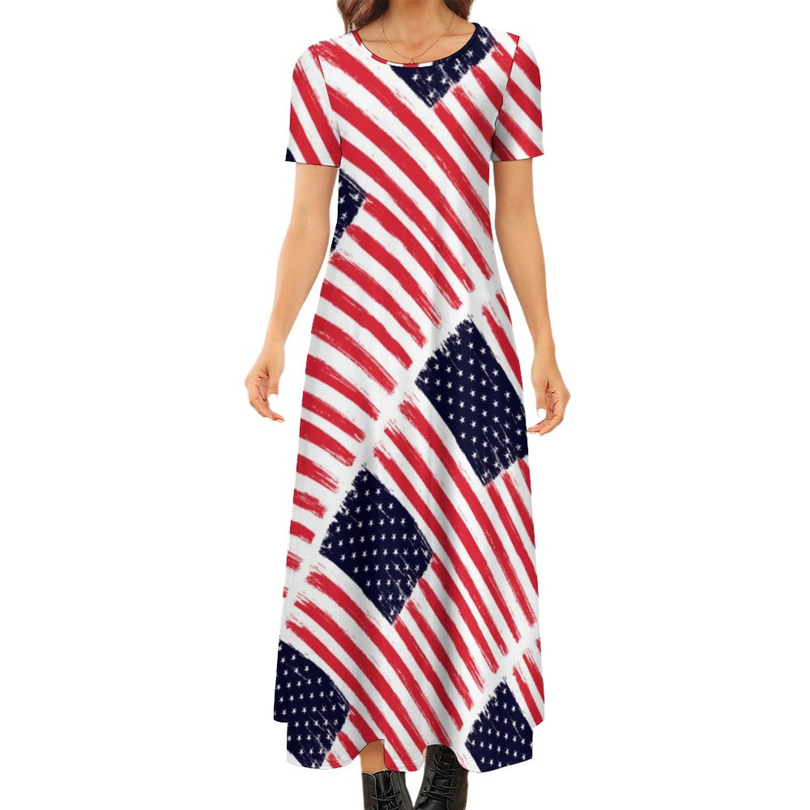 Usa Flag Patriotic American Flag Red White Blue Summer Boho Long Dress Women Plus Size Vintage Print Loose Flowy Maxi Dresses