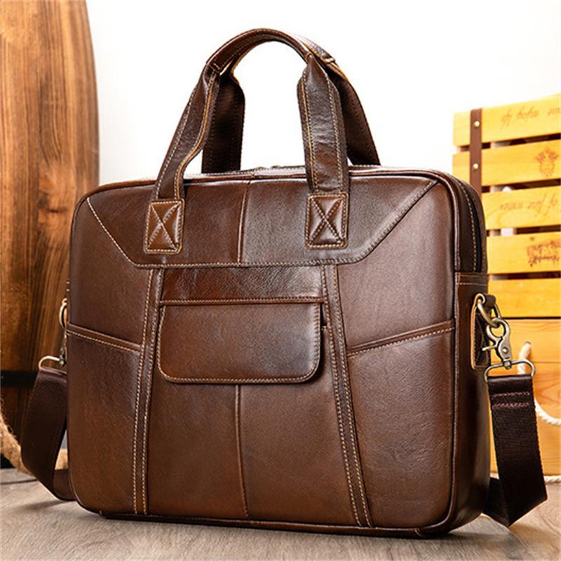 Men's Leather Briefcase Handbag Large Capacity Retro Shoulder Bag Crossbody Bag