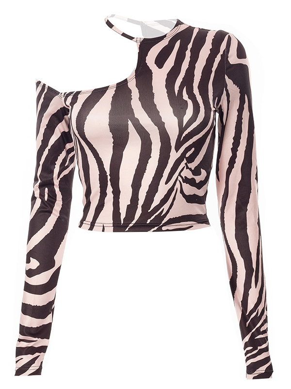 Color Block Stripes One Shoulder Pullover Long Sleeve Crop Top
