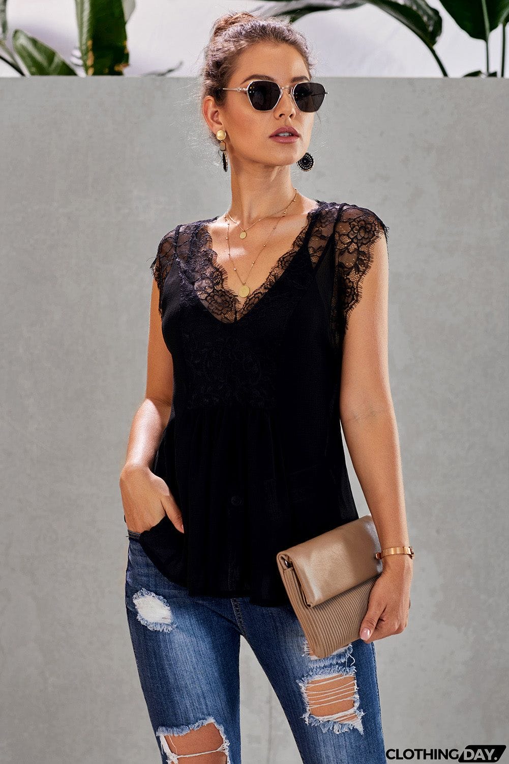 Eyelash Trim Spliced Lace V-Neck Tank