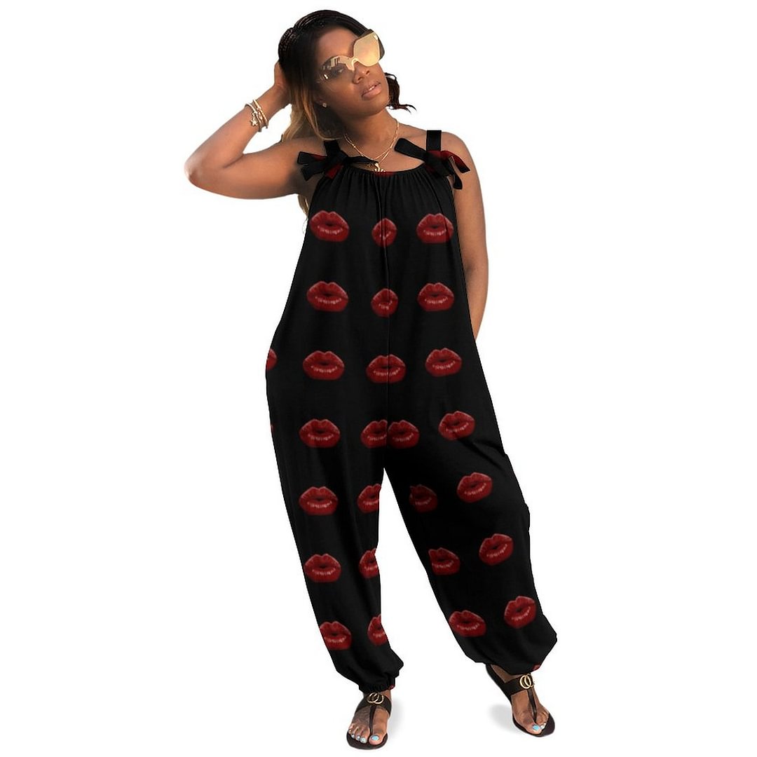 Kiss My Pants Red Lips Black Boho Vintage Loose Overall Corset Jumpsuit Without Top