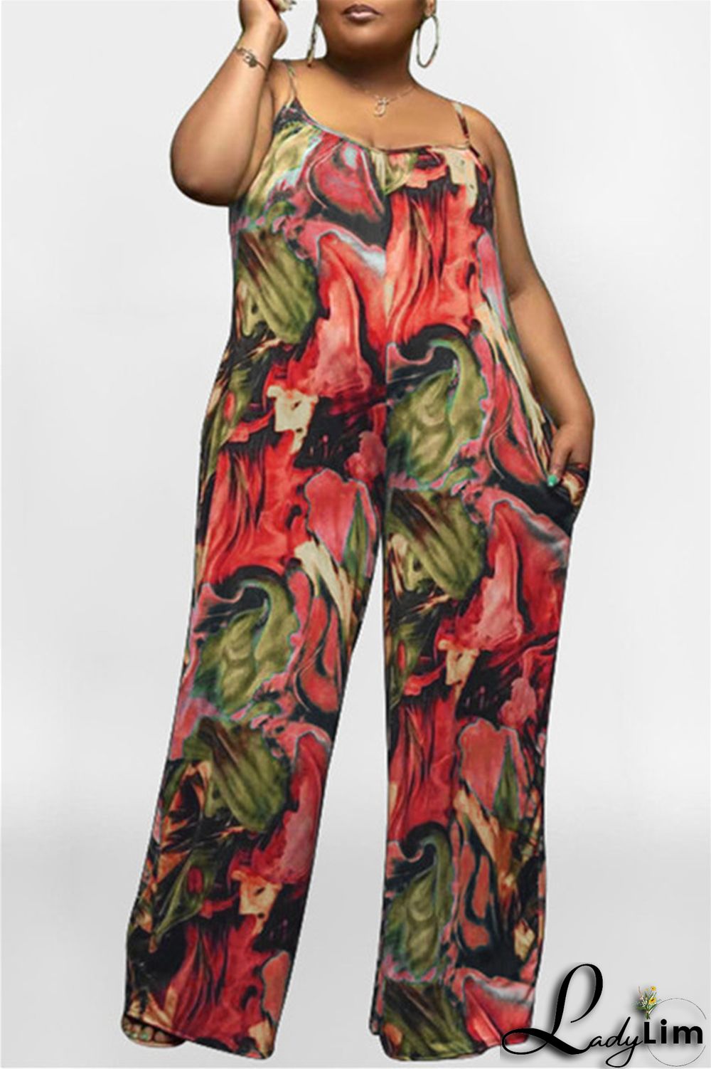 Coffee Sexy Casual Print Backless Spaghetti Strap Plus Size Jumpsuits