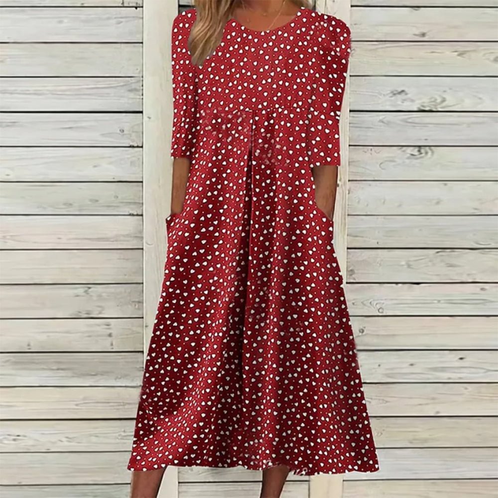 Showy Red 3/4 Sleeve Print Midi Dress