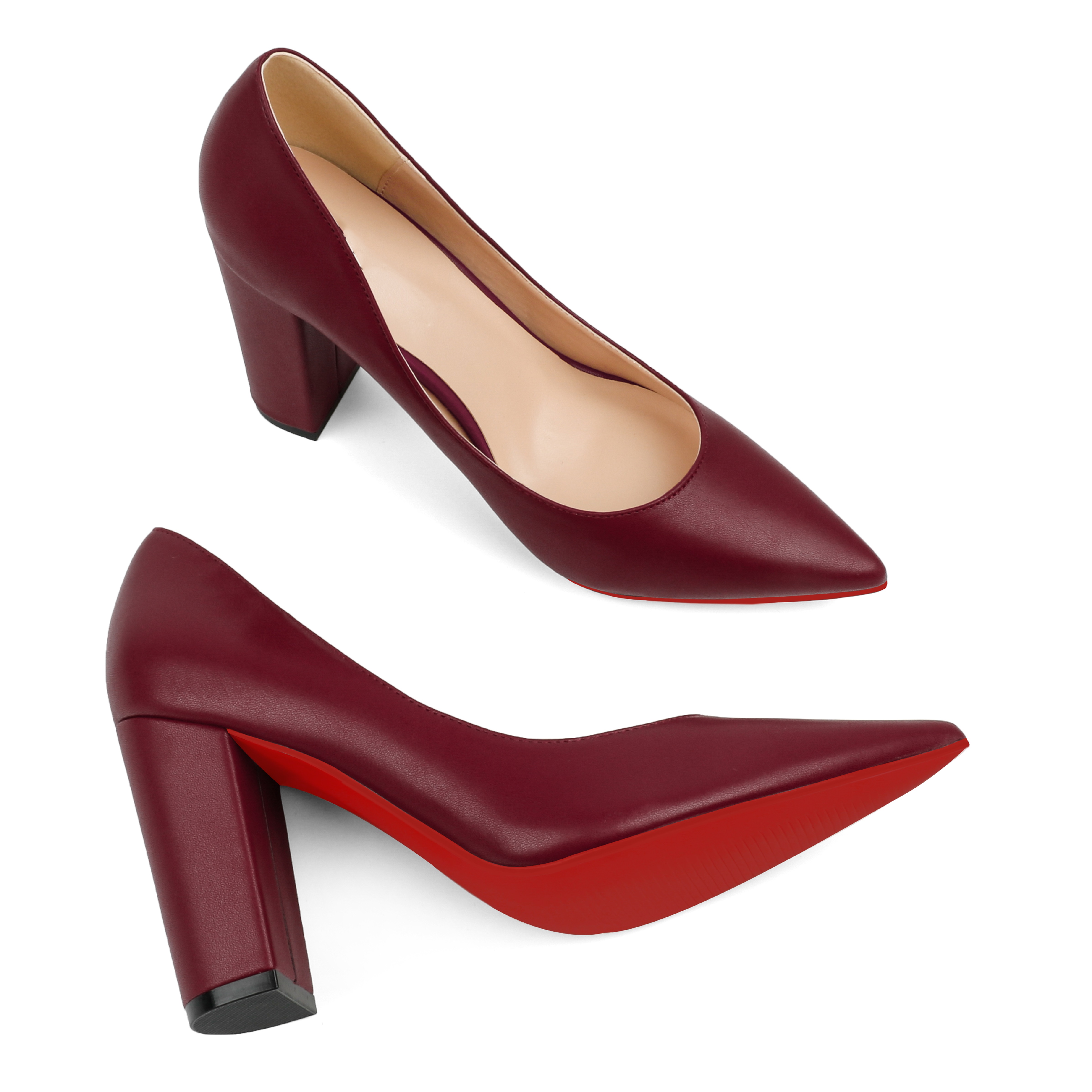 3.5" Women's Chunky Heels Red Bottom Shoes Comfortable Middle Block Heel Matte Pumps-MERUMOTE