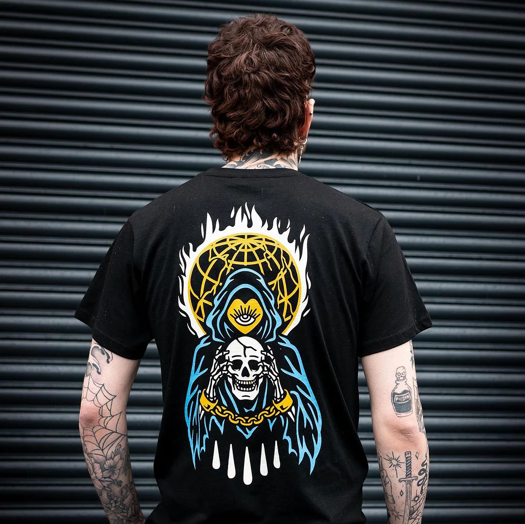 Skull in Cloak Fire Graphic Casual Black Print T-shirt